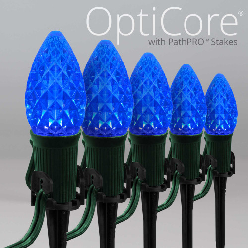 WGC-84830 - C7 Blue LED Commercial Christmas Pathway Lights, 5" Stakes, 50 Lights, 50', Green Wire, 12" Spacing - Wintergreen Corporation