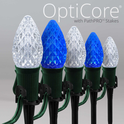 WGC-84841 - C7 Cool White/Blue LED Commercial Christmas Pathway Lights, 5" Stakes, 50 Lights, 50', Green Wire, 12" Spacing - Wintergreen Corporation