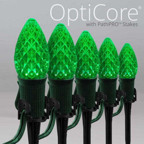 WGC-84847 - C7 Green LED Commercial Christmas Pathway Lights, 5" Stakes, 100 Lights, 100', Green Wire, 12" Spacing - Wintergreen Corporation