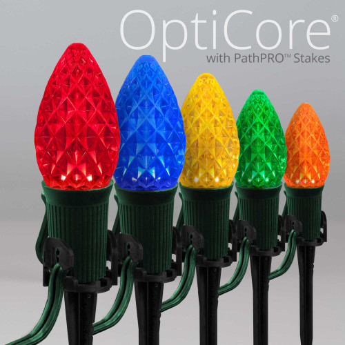 WGC-84848 - C7 Multicolor LED Commercial Christmas Pathway Lights, 5" Stakes, 100 Lights, 100', Green Wire, 12" Spacing - Wintergreen Corporation