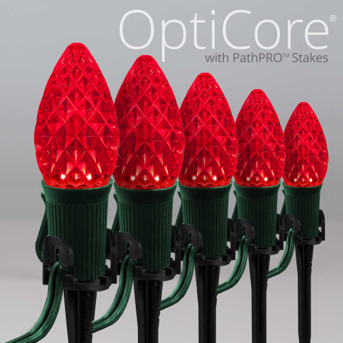 WGC-84849 - C7 Red LED Commercial Christmas Pathway Lights, 5" Stakes, 100 Lights, 100', Green Wire, 12" Spacing - Wintergreen Corporation