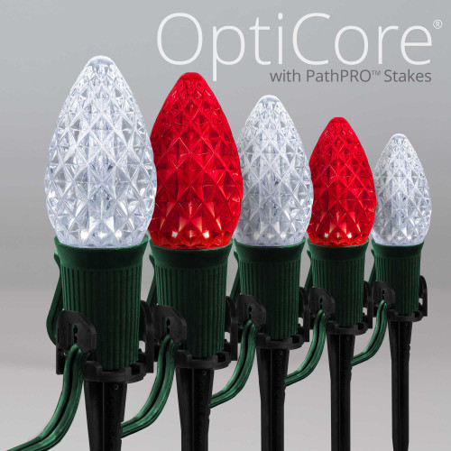 WGC-84852 - C7 Cool White/Red LED Commercial Christmas Pathway Lights, 5" Stakes, 100 Lights, 100', Green Wire, 12" Spacing - Wintergreen Corporation