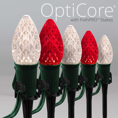 WGC-84854 - C7 Warm White/Red LED Commercial Christmas Pathway Lights, 5" Stakes, 100 Lights, 100', Green Wire, 12" Spacing - Wintergreen Corporation