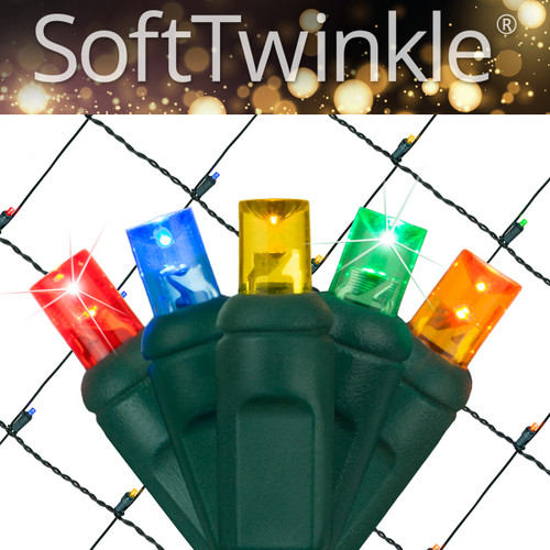 WGC-85173 - 4'x6' 5mm Multicolor LED SoftTwinkle Christmas Net Lights, 70 Lights, Green Wire - Wintergreen Corporation