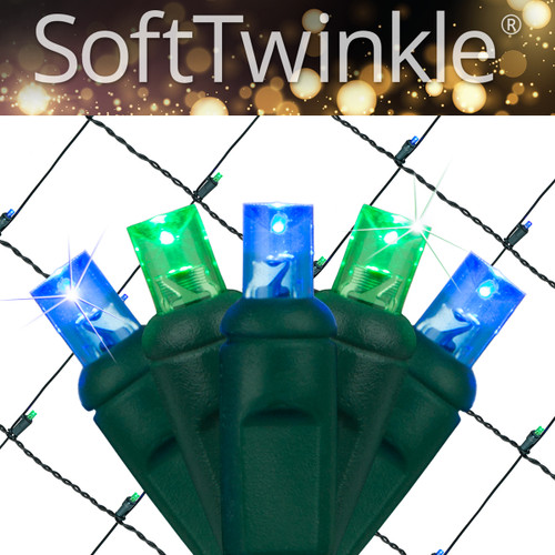 WGC-85179 - 4'x6' 5mm Green/Blue LED SoftTwinkle Christmas Net Lights, 70 Lights, Green Wire - Wintergreen Corporation