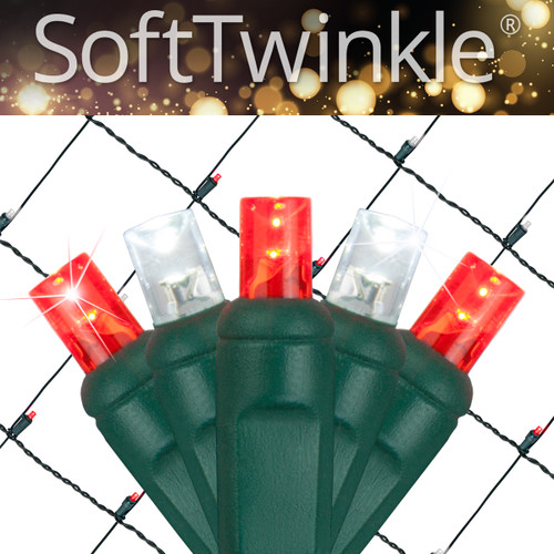 WGC-85187 - 4'x6' 5mm Cool White/Red LED SoftTwinkle Christmas Net Lights, 70 Lights, Green Wire - Wintergreen Corporation