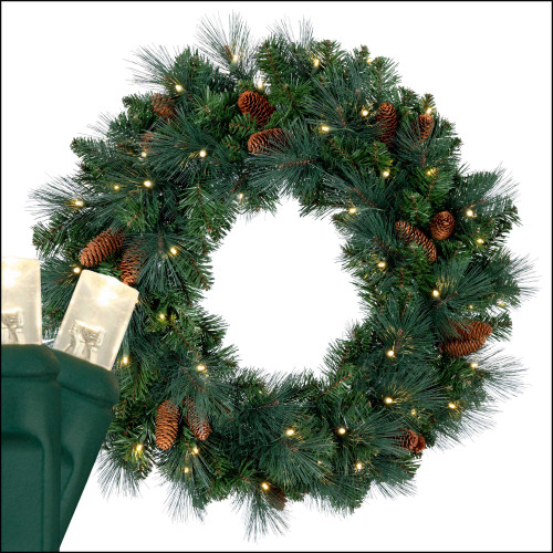 WGC-85800 - 30" 5mm Warm White LED Commercial Mixed Noble Prelit Wreath, 50 Lights - Red Sleigh