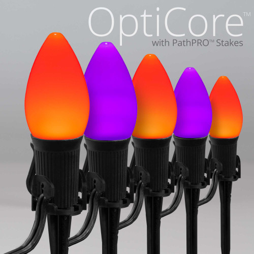 WGC-87669 - C7 Purple/Orange LED Commercial Smooth Halloween Pathway Lights, 5" Stakes, 50 Lights, 50', Black Wire, 12" Spacing - Wintergreen Corporation
