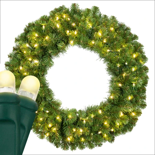 WGC-88054 - 30" D5 Warm White LED Commercial Sequoia Fir Prelit Wreath, 100 Lights - Red Sleigh