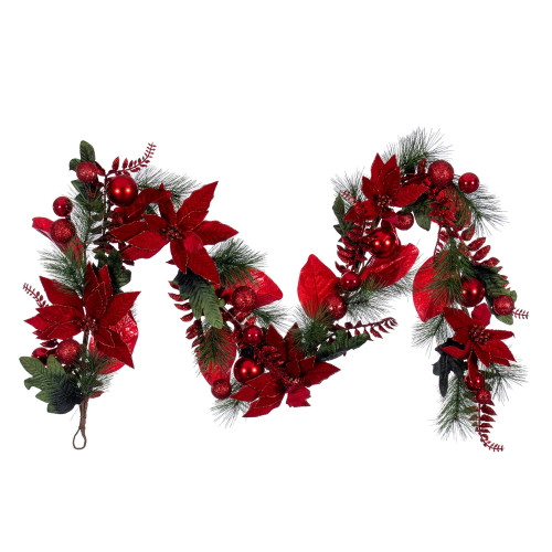 VIC-L225414 - 72" Merry Red Poinsettia Decorated Garland - Vickerman