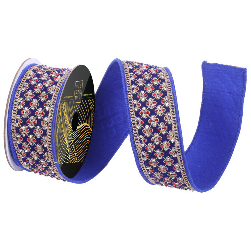 VIC-QK251402 - 2"x5yd Blue Velvet Gold Trim Red Jewel - Vickerman