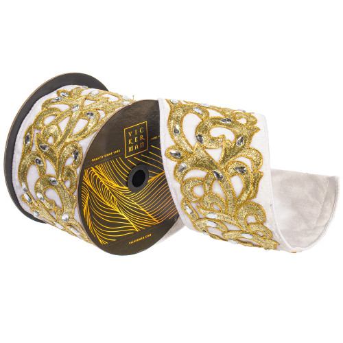 VIC-QK252611 - 4"x5yd White Velvet Jewel Champagne Scroll - Vickerman
