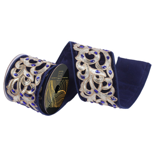 VIC-QK252631 - 4"x5yd Midnight Blue Velvet Jewel Chmpgne Scroll - Vickerman