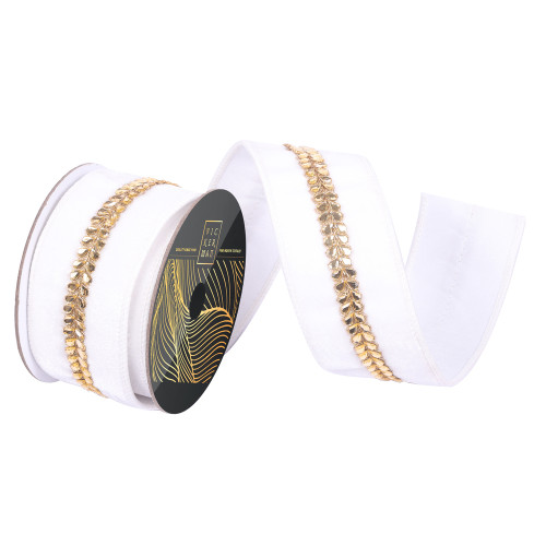 VIC-QK258111G - 2.5"x5yd White Velvet Gold Drop Jewel - Vickerman