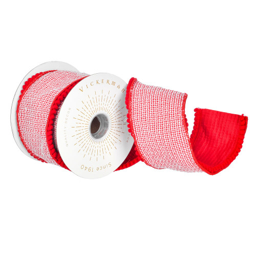 VIC-QR221643 - 4"x5yd Red Houndstooth Pom Pom Ribbon - Vickerman