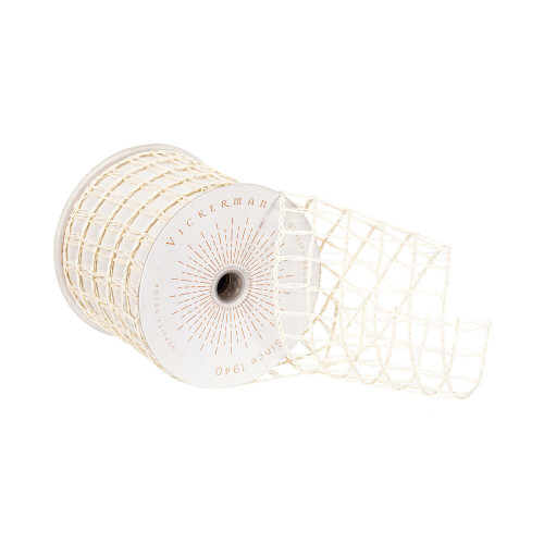 VIC-QY240935 - 3.75"x10yd Ivory Thin Grid Wired Ribbon - Vickerman