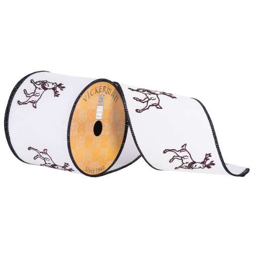 VIC-Q172142 - 4"x10yd White Tan Embroidered Reindeer - Vickerman