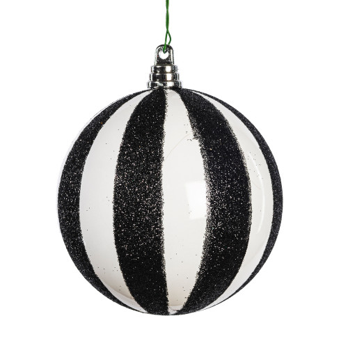 VIC-MT266105W - 4.75" White/Black Glitter Lines Ball, 2-Pack - Vickerman