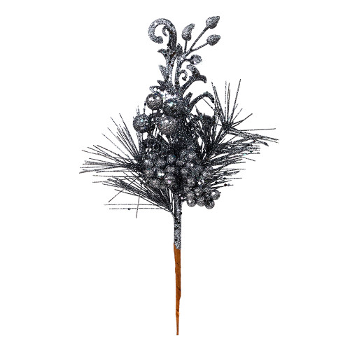 VIC-L185584 - 10" Gunmetal Berry Glitter Leaf Pick, 12-Pack - Vickerman
