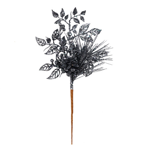 VIC-L185884 - 10" Gunmetal Pinecone Glitter Leaf Pick, 12-Pack - Vickerman