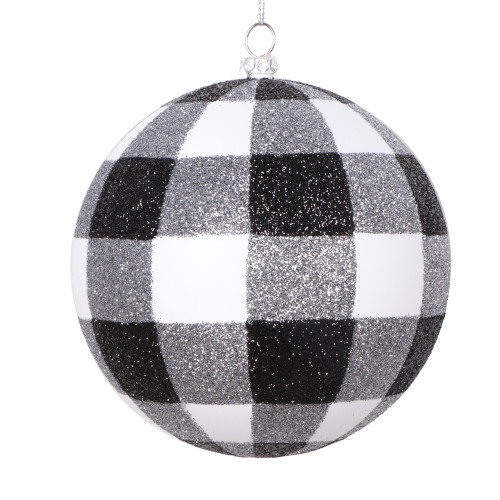 VIC-MT2212320 - 4.7" White Black Plaid Glitter Ball, 3-Pack - Vickerman