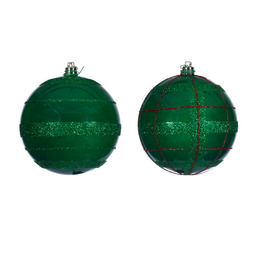 VIC-N231604D - 4" Green Ball Ornament Green/Red Glitter 6/Asst - Vickerman