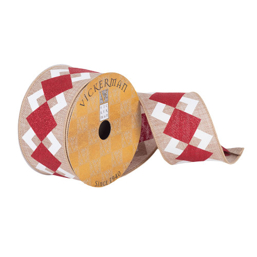 VIC-Q180335 - 2.5"x10yd Tan Ribbon Red/White Diamonds - Vickerman