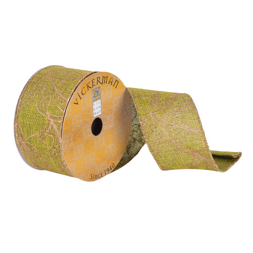 VIC-Q180380 - 2.5"x10yd Green Dupion Gold Leaf Ribbon - Vickerman