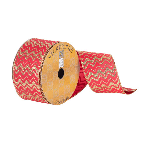 VIC-Q180713 - 2.5"x10yd Red/Gold Glitter Waves Dupion - Vickerman