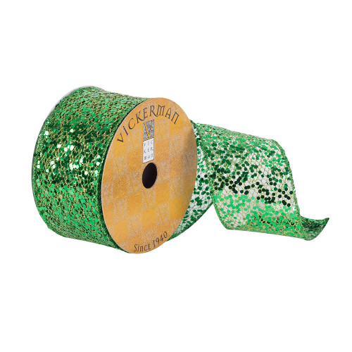 VIC-Q180743 - 2.5"x10yd Green Sequin Woven Dupion - Vickerman