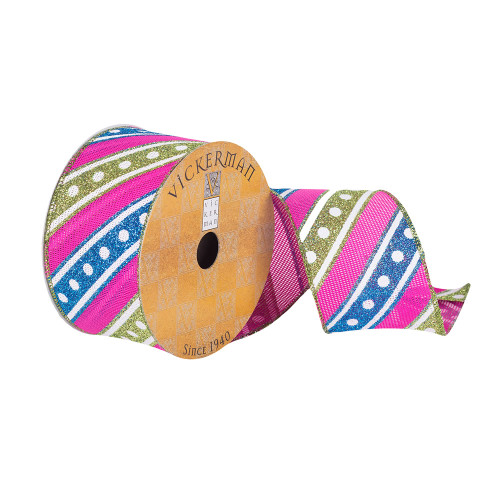 VIC-Q180842 - 2.5"x10yd Fuchsia/Blue/Green Stripe Dots - Vickerman