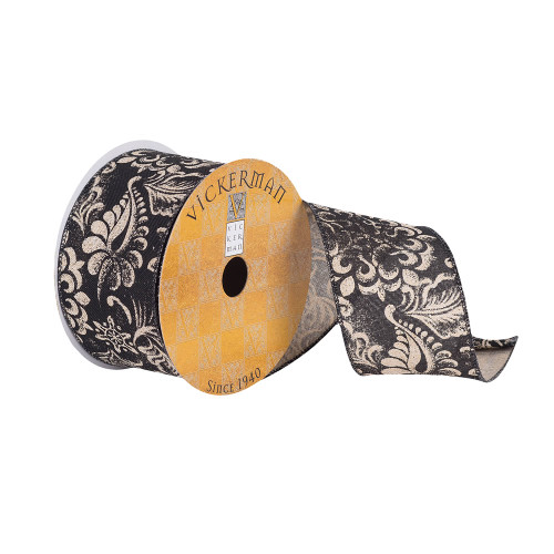 VIC-Q180977 - 2.5"x10yd Black Dupion Beige Filigree - Vickerman