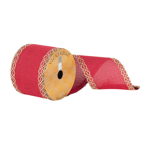VIC-Q181348 - 3.75"x10yd Red Dupion Gold Swirl Edge - Vickerman