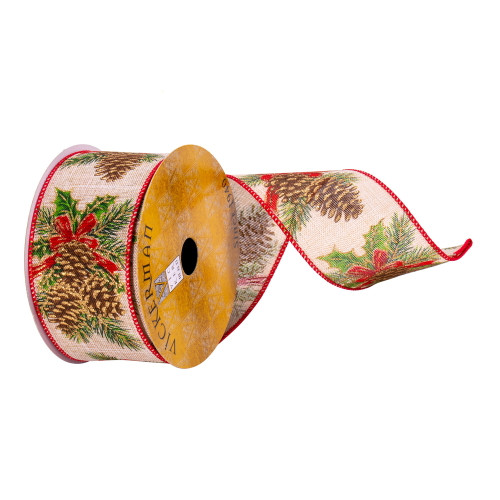 VIC-Q214641 - 2.5"x10yd Cream Pinecone Red Bow Ribbon - Vickerman