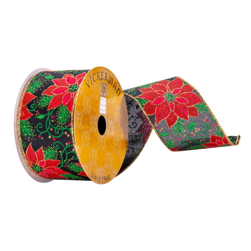 VIC-Q214647 - 2.5"x10yd Navy/ Red Poinsettia Ribbon - Vickerman