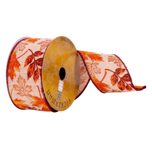 VIC-Q215075 - 2.5"x10yd Jute Fall Leaves Ribbon - Vickerman