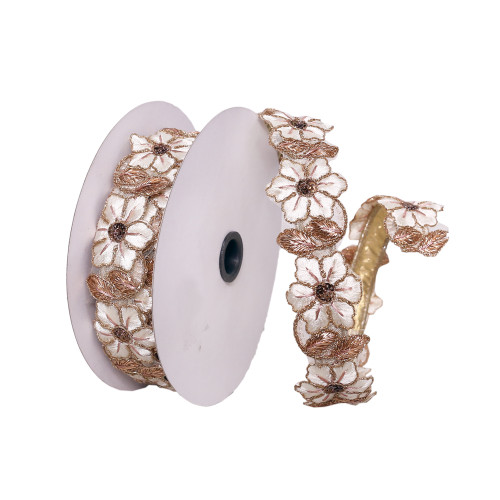 VIC-Q221742 - 1.5"x5yd Cream/Rose Gold Flower Ribbon - Vickerman