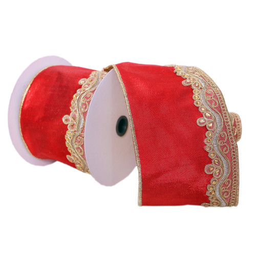 VIC-Q222522 - 4"x5yd Red With Gold Embroidery Ribbon - Vickerman