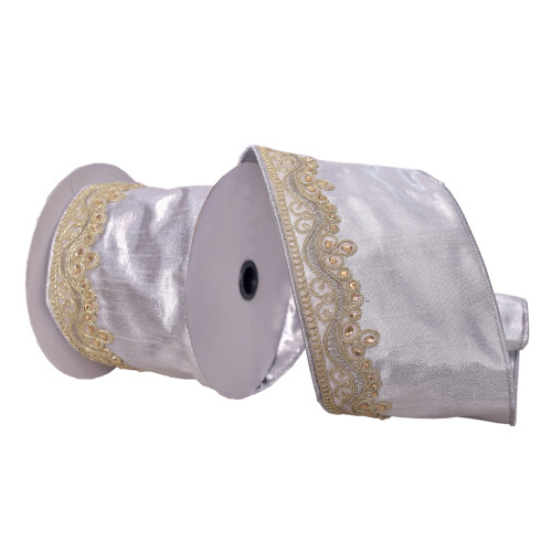 VIC-Q222525 - 4"x5yd Silver With Gold Embroider Ribbon - Vickerman