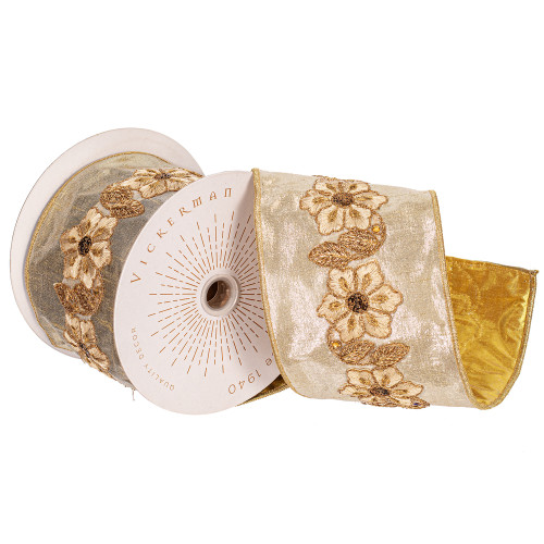 VIC-Q222749 - 4"x5yd Champagne/Gold Floral Ribbon - Vickerman