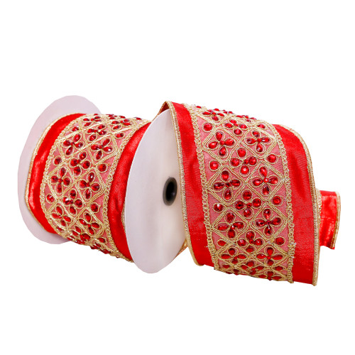 VIC-Q222755 - 4"x5yd Red Jewels Ribbon - Vickerman