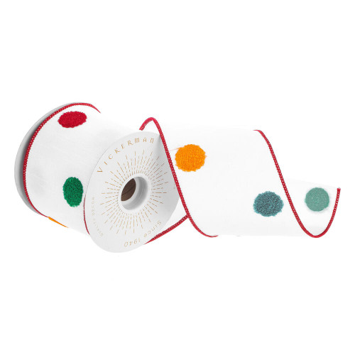 VIC-Q229180 - 4"x10yd White Fuzzy Dot Ribbon - Vickerman