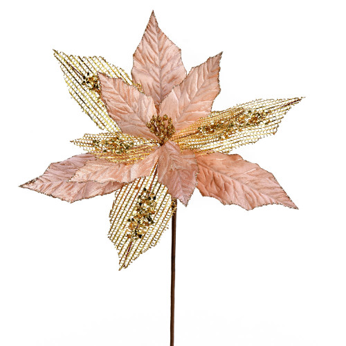 VIC-QG190158 - 13" Rose Gold Poinsettia Mesh Spray, 6-Pack - Vickerman