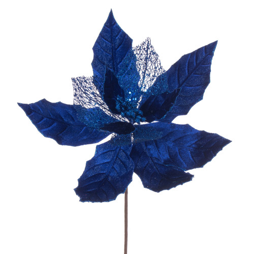 VIC-QG227902 - 11" Blue Glitter Mesh Poinsettia, 6-Pack - Vickerman