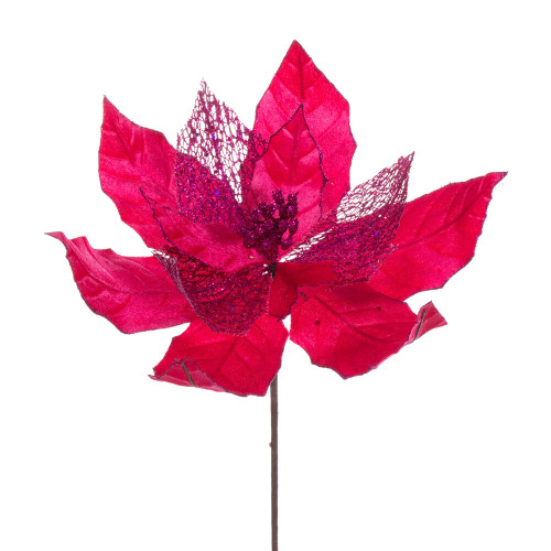 VIC-QG227913 - 11" Hot Pink Glitter Mesh Poinsettia, 6-Pack - Vickerman