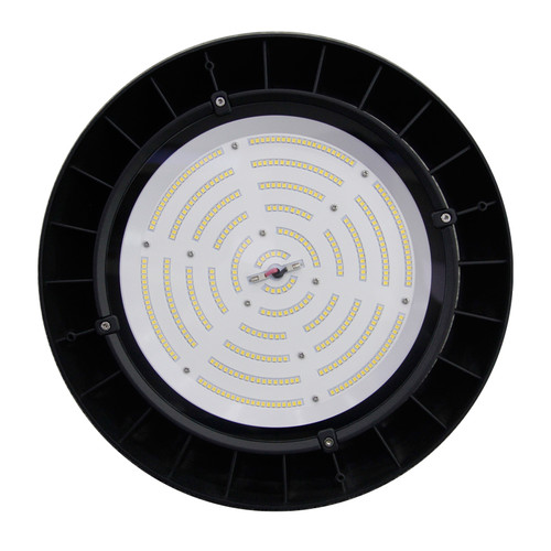LED Round High Bay, 150 Watt, 19500 Lumens, 5000 Kelvin, Black, Acrylic, 17.0" x 8.3", DLC, 5 Year Warranty, HB150-5000K-90 | Sunpark Electronics