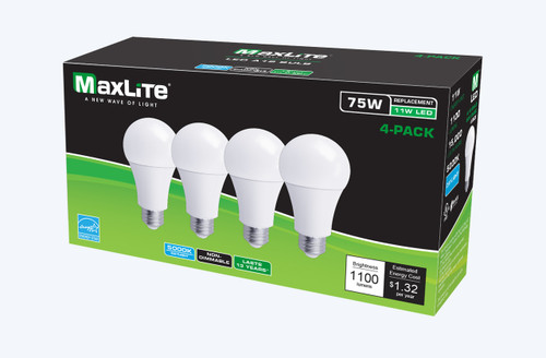 11W LED A19, Equal 75W Inc., 1100 lumens, 5000 Kelvin, E26 Base, 120v, 80 CRI, 100 lm/w, Energy Star, 3yr Warranty, 11A19ND50/G2/4P | Maxlite