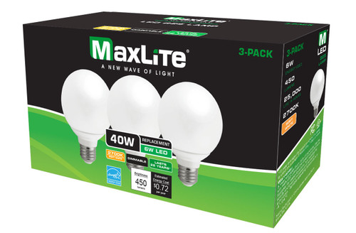 6W LED G25, Equal 40W Inc., 450 lumens, 2700 Kelvin, E26 Base, 260è_ Beam Angle, 120v, 84 CRI, 75 lm/w, Energy Star, 5yr Warranty, 6G25DLED27/G2/3P | Maxlite