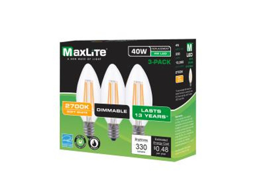 4W LED B10, Equal 40W Inc., 300 lumens, 2700 Kelvin, E12 Base, 330è_ Beam Angle, 120v, 83 CRI, 75 lm/w, Energy Star, 3yr Warranty, F4B10D27/3P/WS | Maxlite