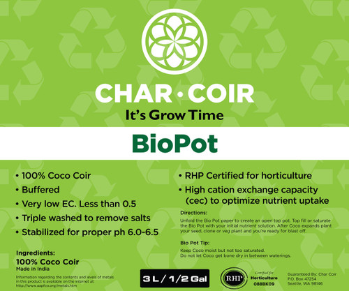 Hydrofarm CHCBP3L Char Coir BioPot, 3 L, case of 24 CHCBP3L or Char Coir